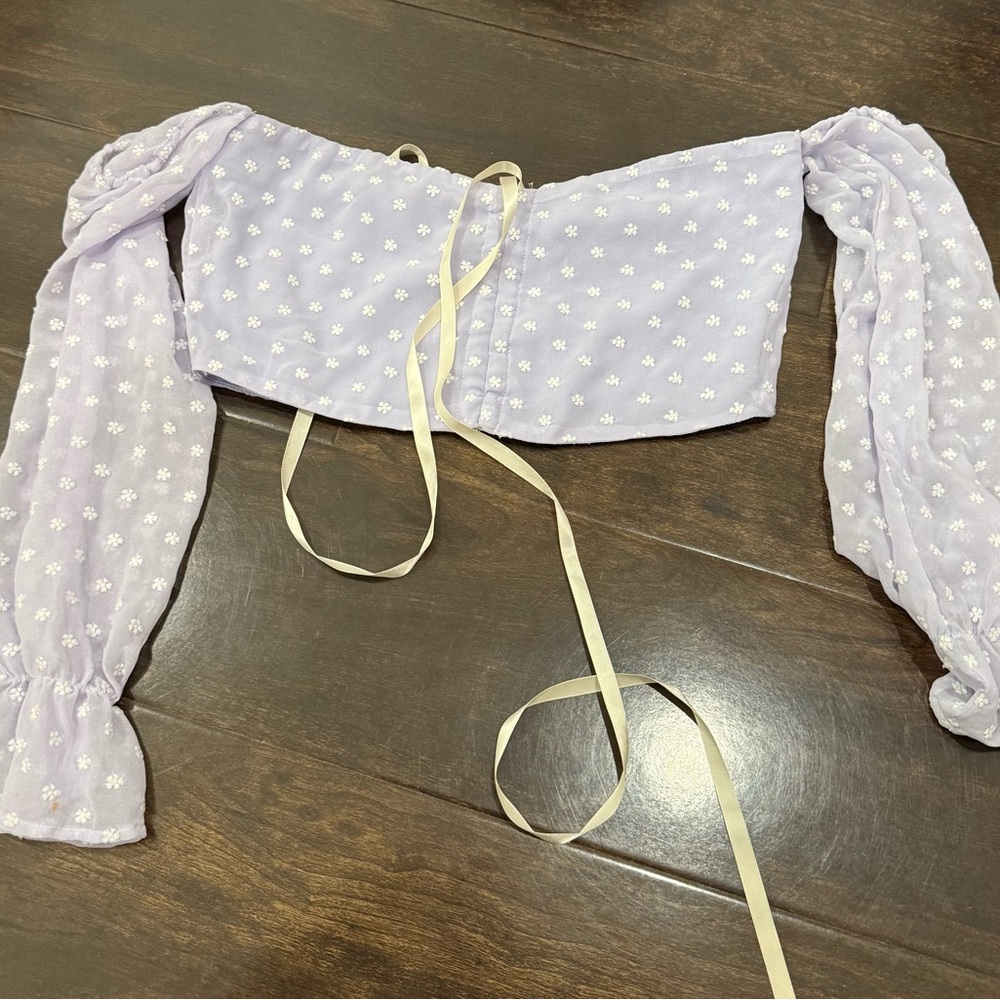 Lavender Floral Swiss Dot Off-Shoulder Crop Top